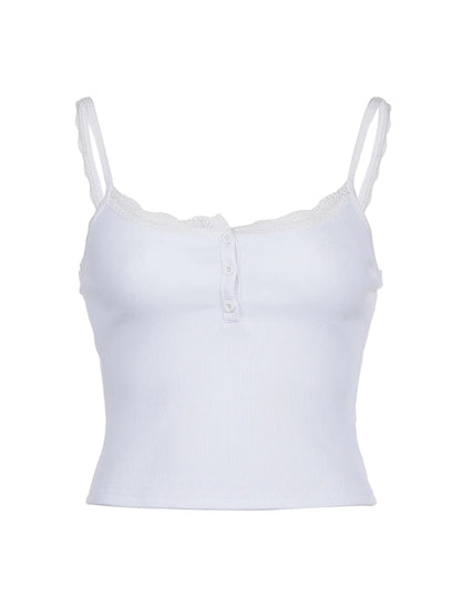 Camisola blanca ajustada con cuello cuadrado y encaje abotonado para mujer Y2K, top corto básico informal y bonito