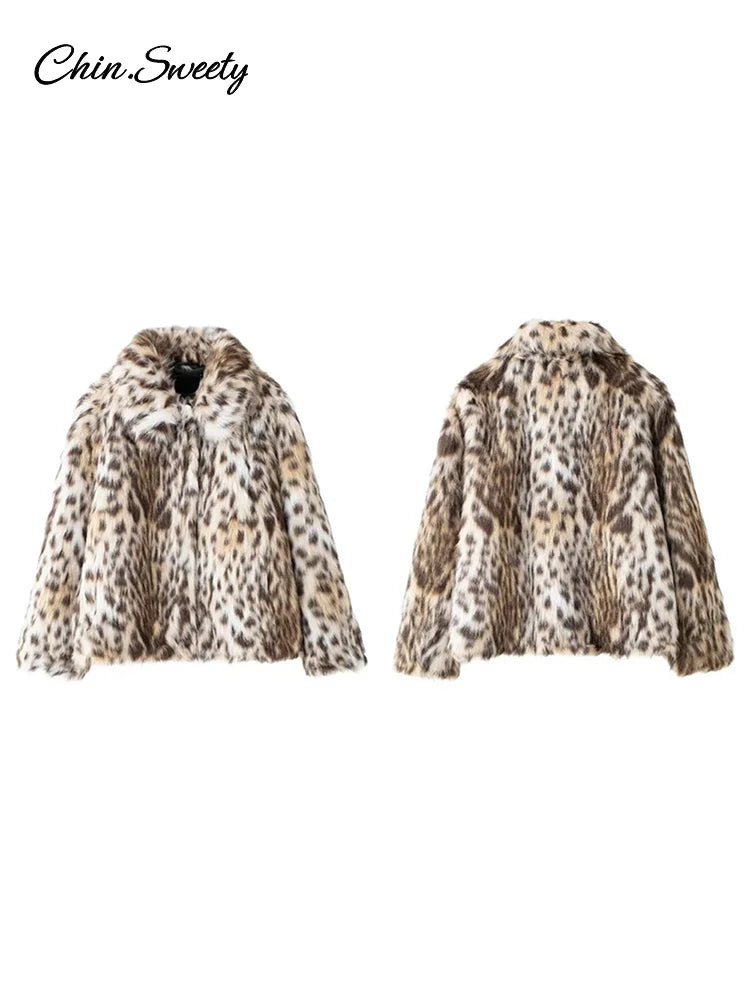 Abrigo corto de piel sintética con estampado de leopardo para mujer, chaqueta de botones sueltos con solapa de felpa abullonada, abrigo grueso y cálido de invierno