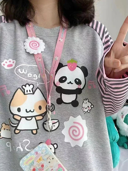 Camiseta de rayas Harajuku para mujer, camisetas con gráficos de panda chino kawaii, ropa de manga raglán de dibujos animados Cutecore para otoño