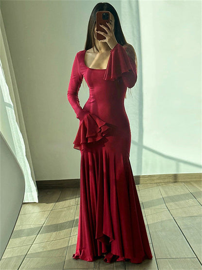 Vestido largo de fiesta con cuello cuadrado y volantes para mujer, ajustado, transparente, de cintura alta