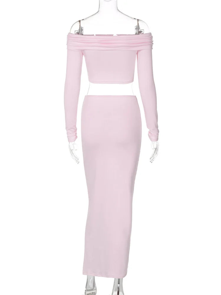 Conjunto informal de dos piezas con hombros descubiertos y falda larga para mujer, con retazos, jersey de manga larga y falda larga, conjuntos para mujer.