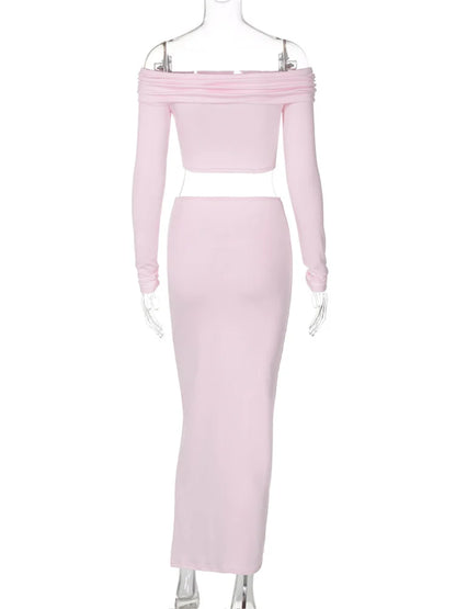 Conjunto informal de dos piezas con hombros descubiertos y falda larga para mujer, con retazos, jersey de manga larga y falda larga, conjuntos para mujer.