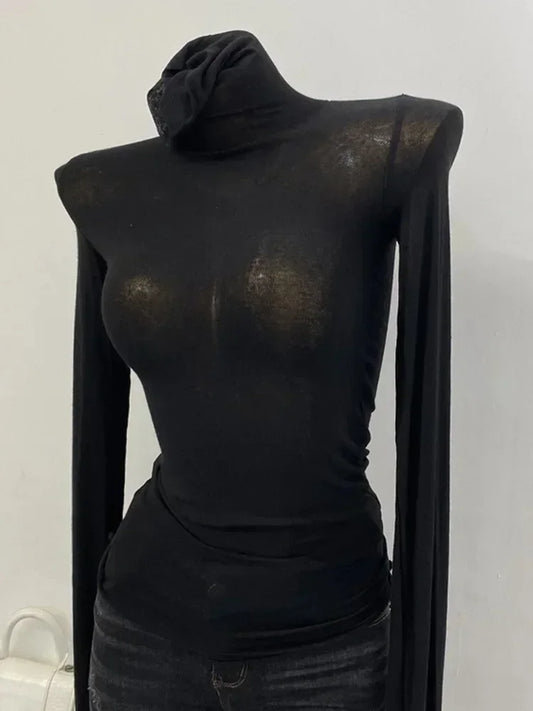 Camiseta fina y suave de manga larga americana con cuello alto y perspectiva ajustada para mujer, ropa de calle sexy