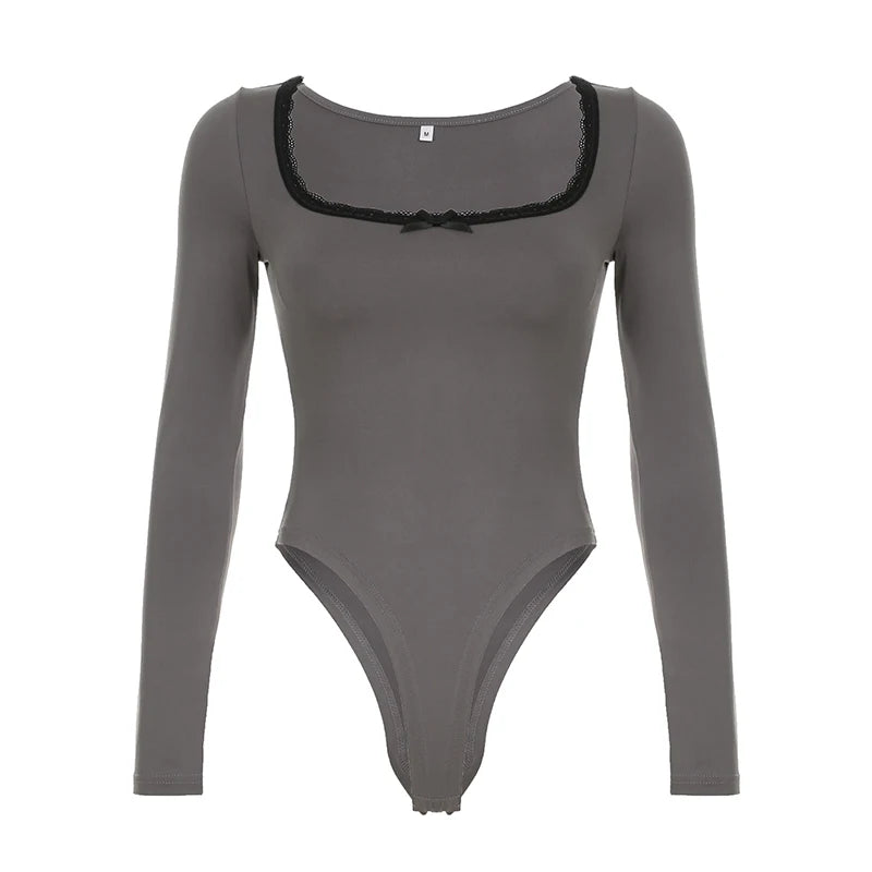 Body ajustado de manga larga de Autumn Hotsweets para mujer, mono sencillo con encaje y cuello cuadrado con lazo, ropa de moda