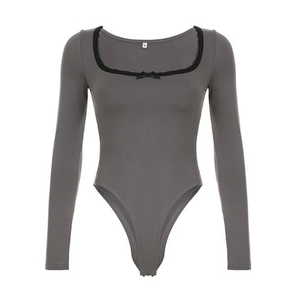 Body ajustado de manga larga de Autumn Hotsweets para mujer, mono sencillo con encaje y cuello cuadrado con lazo, ropa de moda