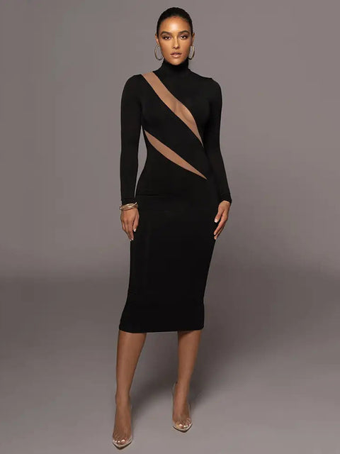 Autumn/Winter Long Sleeve Mesh Patchwork Dress Women’s Perspective Bodycon Midi Dress Female Elegant Party Evening Dress