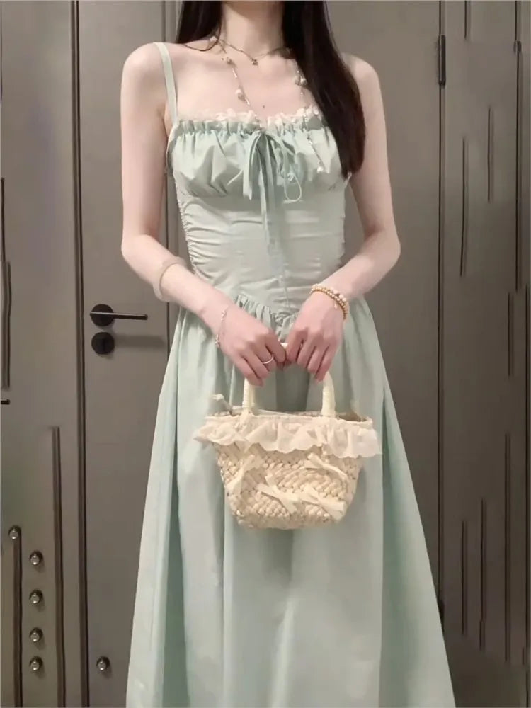 Vestido midi de verano con tirantes finos y espalda descubierta para mujer, sin mangas, con cordones, estilo playero, moda coreana, de una pieza