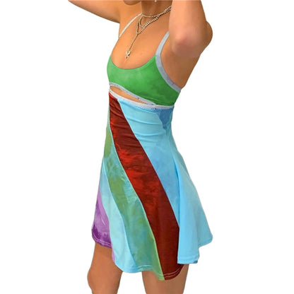Vestido con corte Y2K, estilo estético, para mujer, con rayas y patchwork, sin mangas, corte A, minivestido estilo años 2000, estilo grunge de hadas, ropa de calle