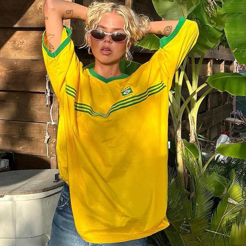 Camiseta holgada de manga corta con estampado de letras informal de cuello redondo para mujer de hip hop de Europa y Estados Unidos para primavera y verano