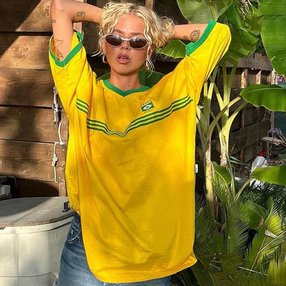 Camiseta holgada de manga corta con estampado de letras informal de cuello redondo para mujer de hip hop de Europa y Estados Unidos para primavera y verano