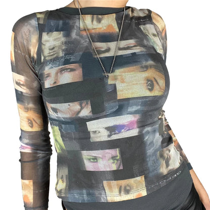 Fairy Grunge Shirt Basic Mesh Print Top Women E Girl Gothic Punk Style T-shirts Tees Clothes Street Tops Womens Clothing
