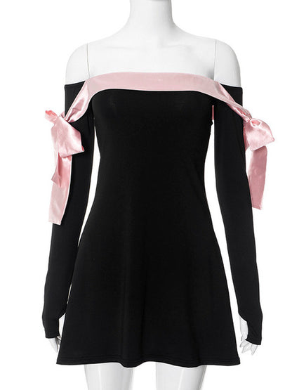JULISSA MO 2025 Autumn Fashion Strapless Long Sleeve Bow Mini Dress For Women Sexy Slim A-line Outfits Solid Patchowrk Dress New