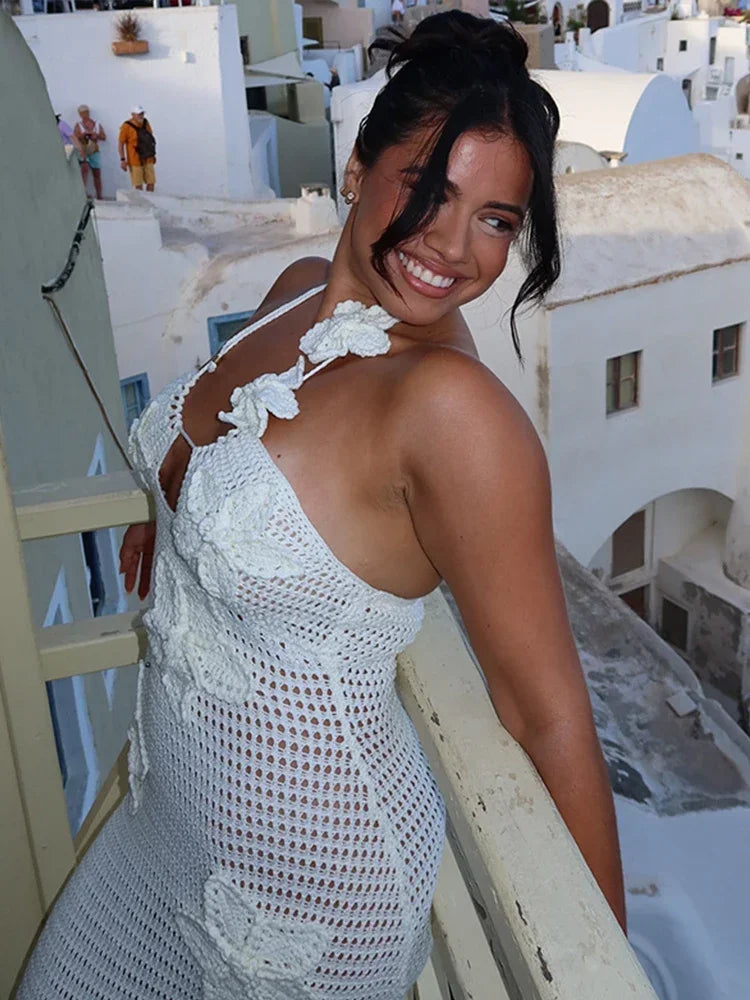 Vestido largo sexi de punto con flores para mujer, vestido largo sin mangas con cuello halter y aberturas, moda de verano para vacaciones en la playa