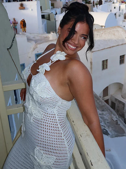 Vestido largo sexi de punto con flores para mujer, vestido largo sin mangas con cuello halter y aberturas, moda de verano para vacaciones en la playa