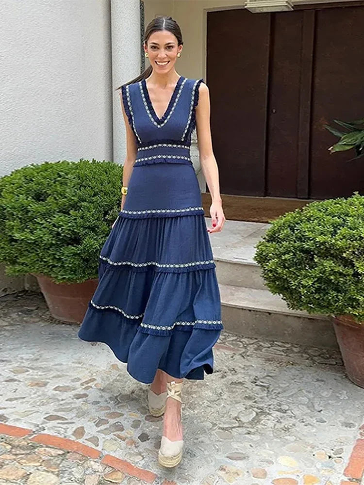Vestido largo elegante con volantes y estampado de borlas empalmadas para mujer, cuello en V, sin mangas, corte A, elegante bata de fiesta para mujer
