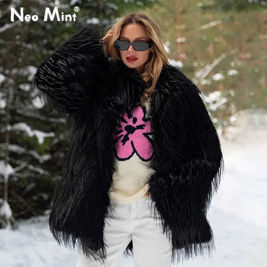 Abrigo largo de piel sintética de invierno para mujer, chaqueta de piel esponjosa con borlas de marca de lujo, abrigo supercálido para mujer