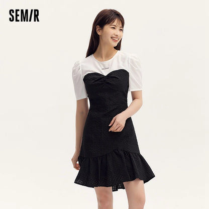Vestido negro corto con bloques de color para mujer, elegante y de verano, con textura suave y dobladillo de sirena divertido, falda corta.