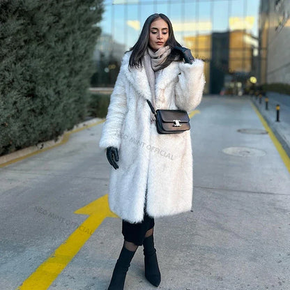 Abrigo largo de piel sintética ecológica con degradado, holgado y elegante, para mujer, de invierno, grueso, cálido y esponjoso, de piel de zorro, abrigo de marca a la moda para niñas.