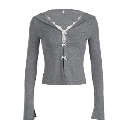 Dulce coreano Bowknot cuello marinero falso dos piezas top camisetas mujeres manga larga elegante suave cárdigan otoño moda