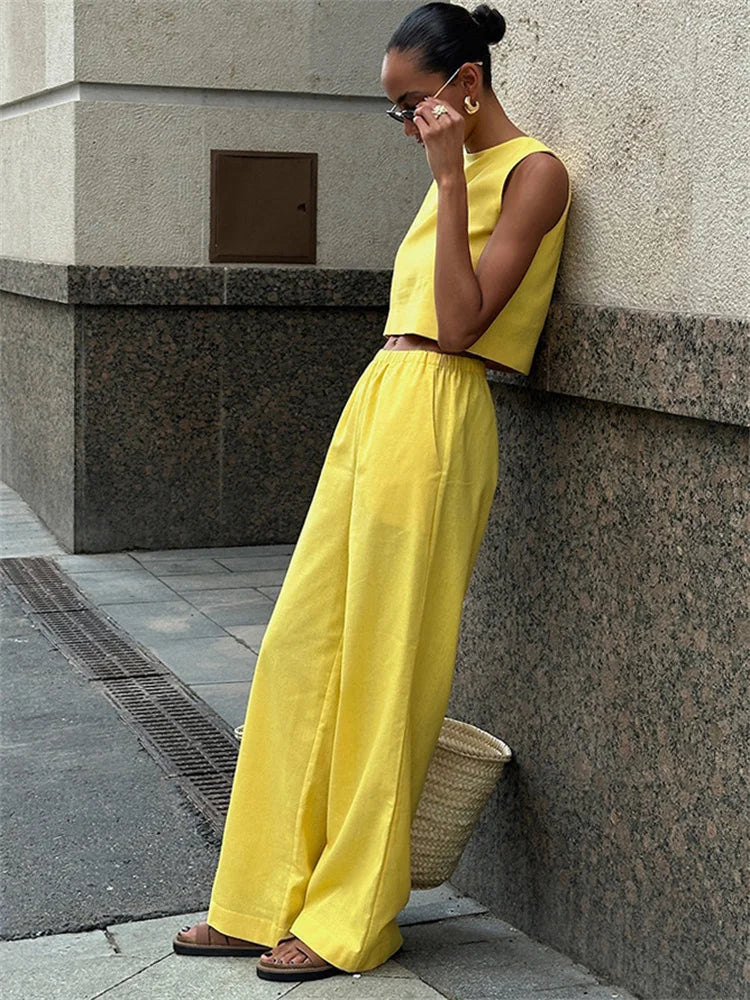 Summer Fashion 2 Piece-Set Women’s Pants Sleeveless Cropped Vest Top And Wide Leg Trousers Sets Female Outfits Trousers