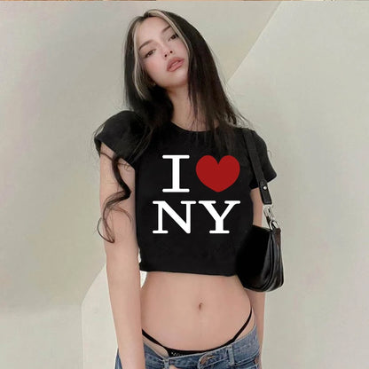 Camiseta de verano Y2K con cuello redondo, manga corta, letras estampadas, ombligo abierto, para mujer europea y americana