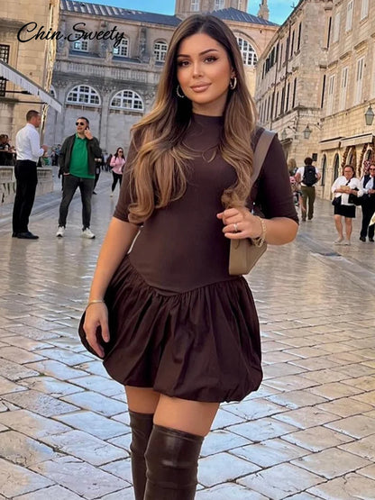 Elegant Knitted Patchwork Brown A-line Dress Women O-neck Short Sleeves Pleated Ruffles Mini Dresses 2025 Lady Solid Vestidos