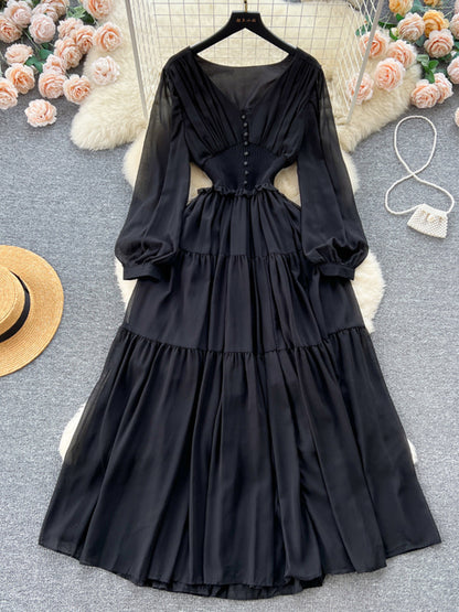 Vestido largo de gasa vintage para mujer, elegante, con escote en V, manga larga, informal, plisado francés, ajustado, corte A, largo