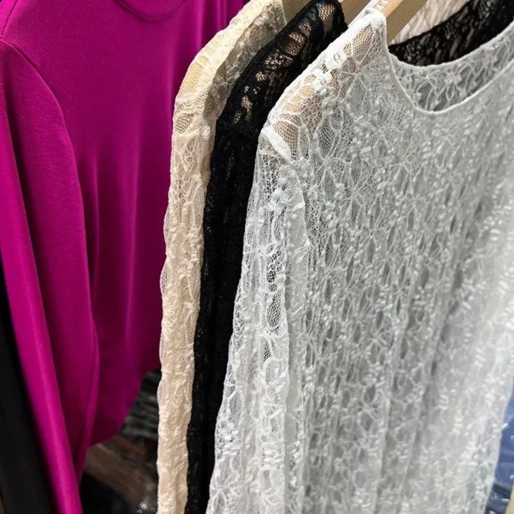 Camisetas de cuello alto y malla de encaje para mujer, camisetas de manga larga para otoño, estilo informal, ajustadas y finas, ropa para mujer