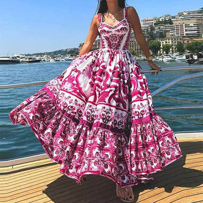Color Printed Sexy Backless Spaghetti Strap Long Dress Fashion Sleeveless Vacation Beach Dresses For Women Chic Female Vestidos