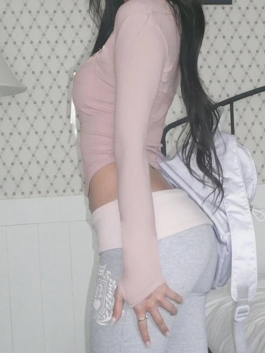 Blusas lindas y dulces de estilo hada para mujer, blusas de otoño de manga larga, ajustadas, de punto con lazo y ribete de encaje, con cuello cuadrado