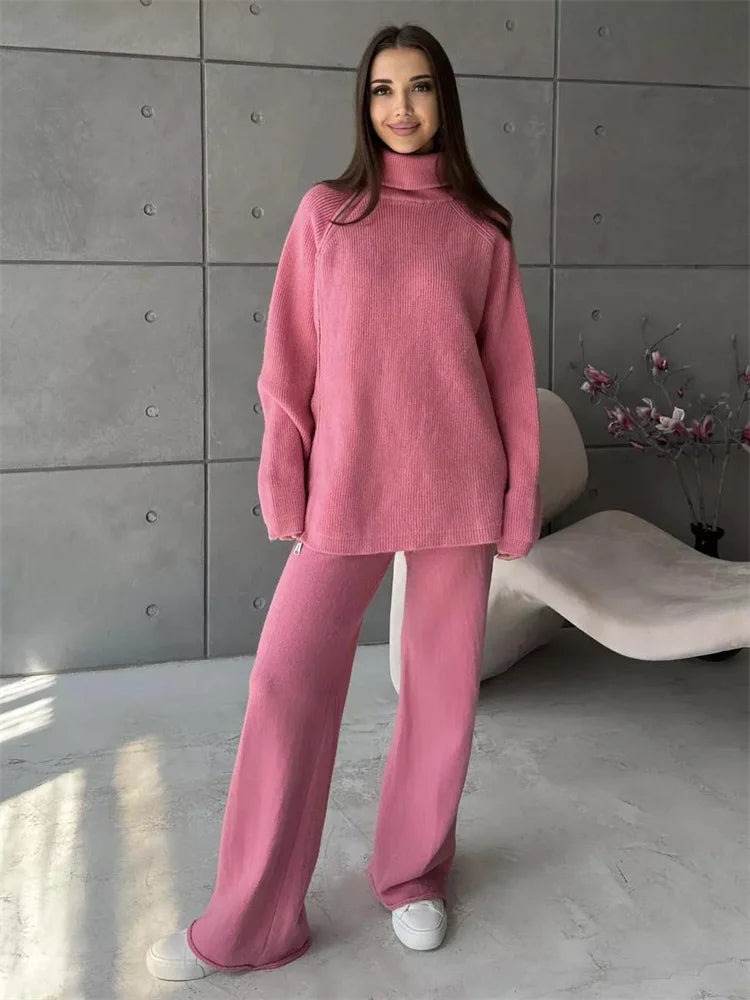 Conjunto de pantalón de punto con cremallera para mujer, jersey de manga larga con solapa entallada y pierna recta de patchwork, conjunto de 2 piezas para invierno