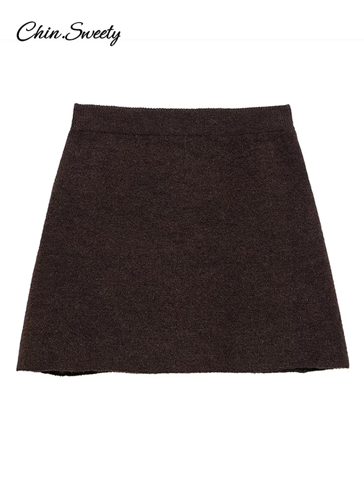Elegant Brown Skirt Suits Knitted O-Neck Long Sleeve Metal Button Cardigan High Waist A-line Mini Skirts 2025 Spring Lady Outfit