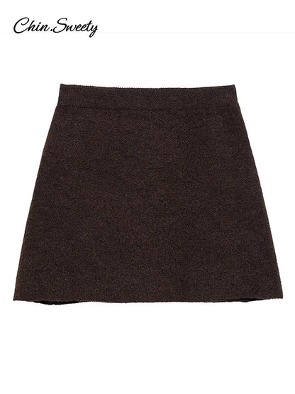 Elegant Brown Skirt Suits Knitted O-Neck Long Sleeve Metal Button Cardigan High Waist A-line Mini Skirts 2025 Spring Lady Outfit