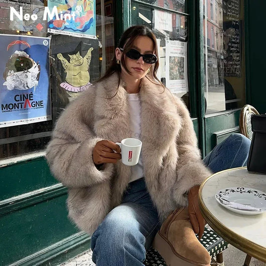Chaqueta elegante de piel sintética con degradado para chicas de calle, abrigo de piel de zorro esponjoso de marca de moda de invierno para mujer, ropa exterior de lujo para mujer