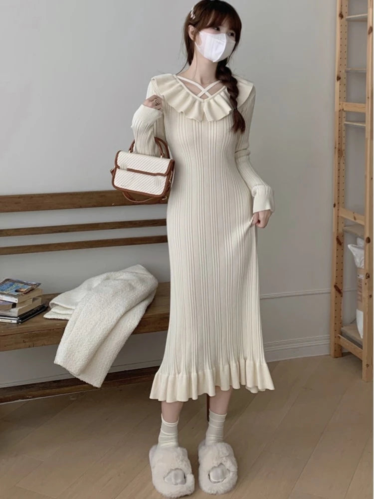 Vestidos de punto de otoño para mujer, con volantes, cuello en V, ajustados, informales, midi, moda coreana, nuevos tejidos