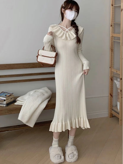 Vestidos de punto de otoño para mujer, con volantes, cuello en V, ajustados, informales, midi, moda coreana, nuevos tejidos