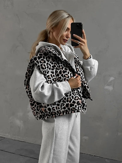 Vintage Leopard Zipper Cotton Vests Women Casual Loose Sleeveless Lapel Short Coats Female Autumn Chic Elegant Street Outwear