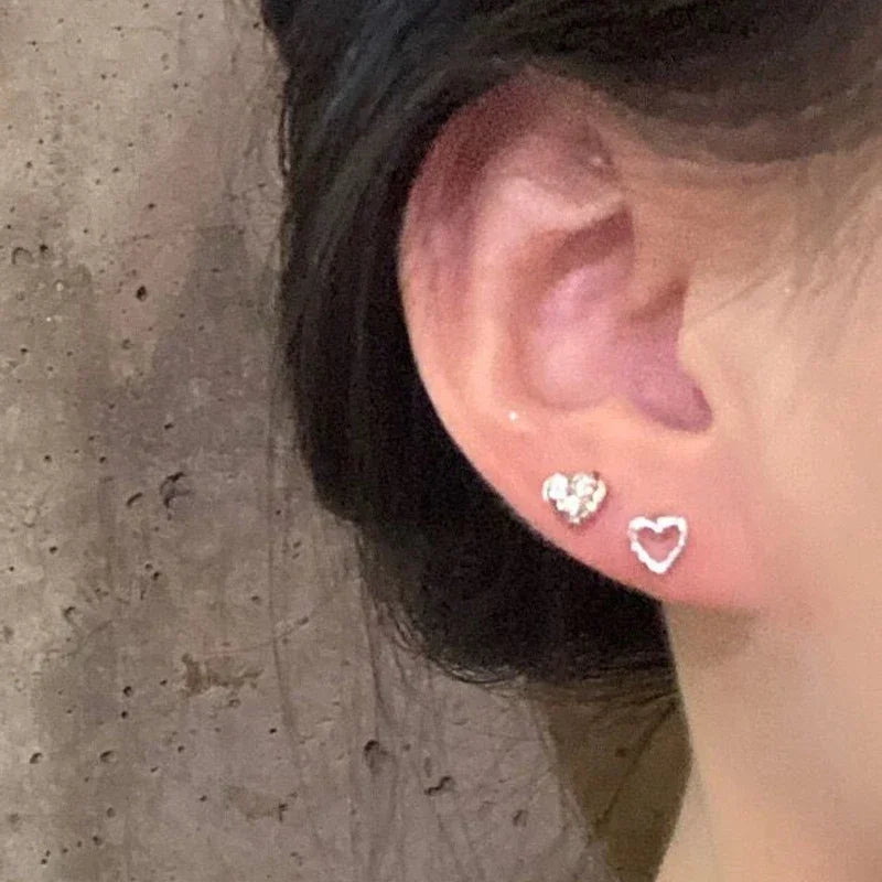LIZAKOSHT Punk Heart Zircon Earrings Irregular Hollow Ear Studs Minimalist Love Jewelry for Girls