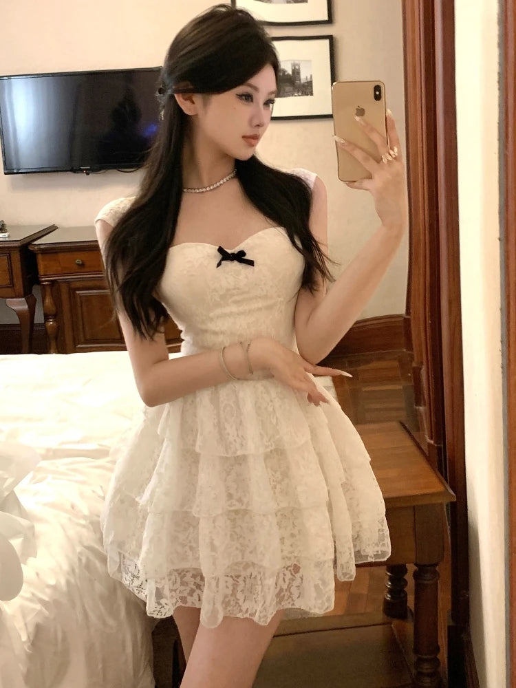 Mujer Primavera Verano Nuevo Elegante Encaje Mini Vestidos Línea A Sin Mangas Fiesta Graduación Moda Ropa De Una Pieza
