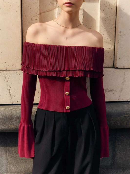 Suéter de punto sin espalda para mujer, jersey de retazos acanalado con hombros descubiertos, moda Y2k, top de otoño, jersey de punto para mujer
