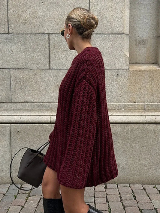 Suéteres casuales de punto lisos de longitud media para mujer, suéteres holgados de cuello redondo de manga larga en rojo oscuro, tops elegantes de calle para otoño para mujer