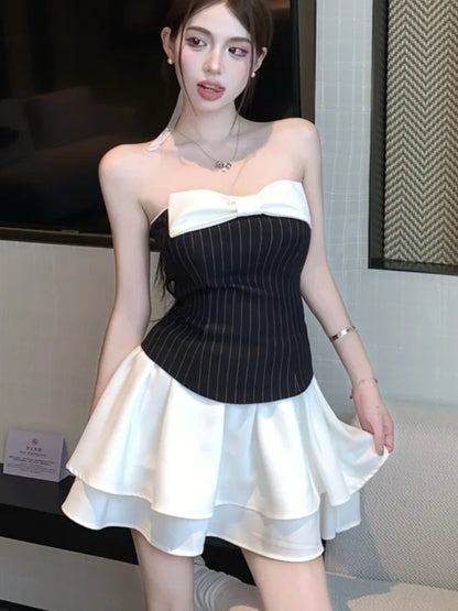 Vestidos cortos sexis de retazos a rayas para mujer, sin tirantes, con capas, volantes, corte A, con lazo, para fiesta de cumpleaños, moda coreana.