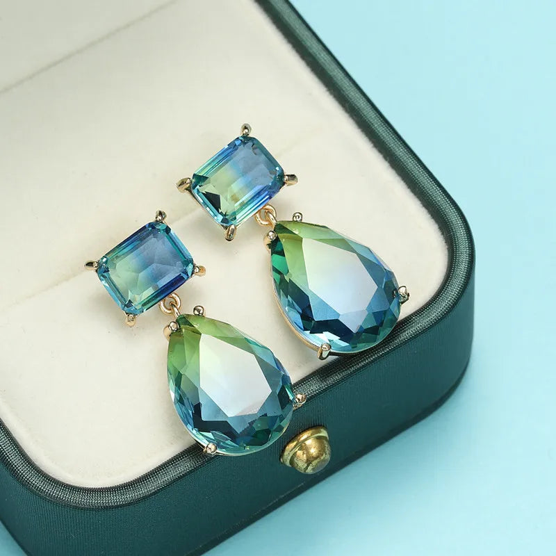 Luxury Blue Green Crystal Water Drop Earrings for Women by Lizakosht New Designer Jewelry