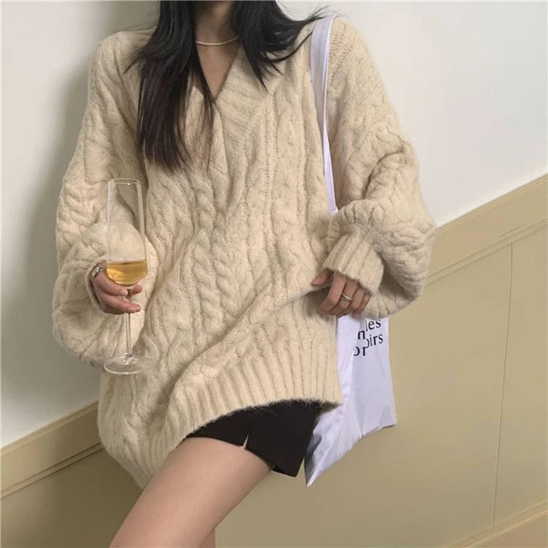 Oversized Sweater Women Fashion Preppy Pink V Neck Knitted Pullovers Harajuku Korean Long Sleeve Knitwear Winter Jumpers