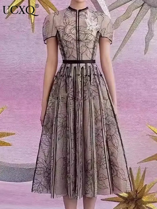 Vestido de fiesta vintage de moda con cuello redondo, manga corta, encaje de malla bordado, elegantes vestidos largos para mujer primavera verano 2025 8980