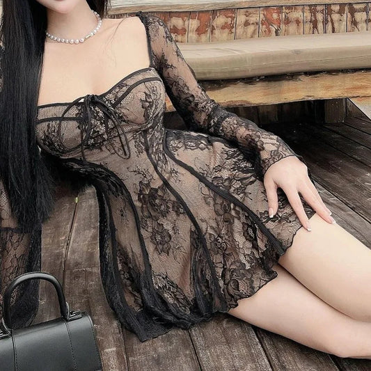 European and American women’s new flared sleeve ballet style sexy and pure desire lace wrapped chest print long sleeved dress