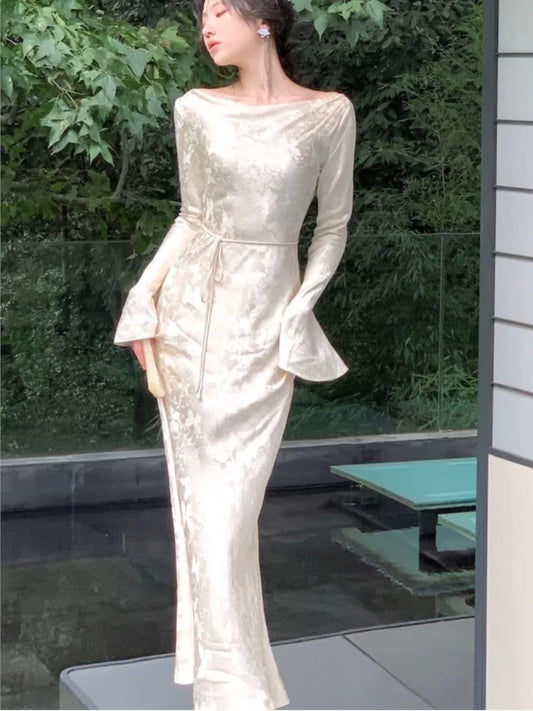 Vestidos de noche ajustados vintage franceses para mujer, vestidos de otoño para boda, graduación, manga acampanada, cuello oscilante, vestidos midi para mujer, nuevos