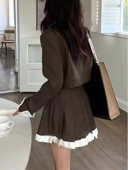Conjuntos de falda elegante coreana de dos piezas con patchwork, mangas largas, top corto, cintura alta, minifalda plisada, otoño invierno Y2K, nuevos conjuntos