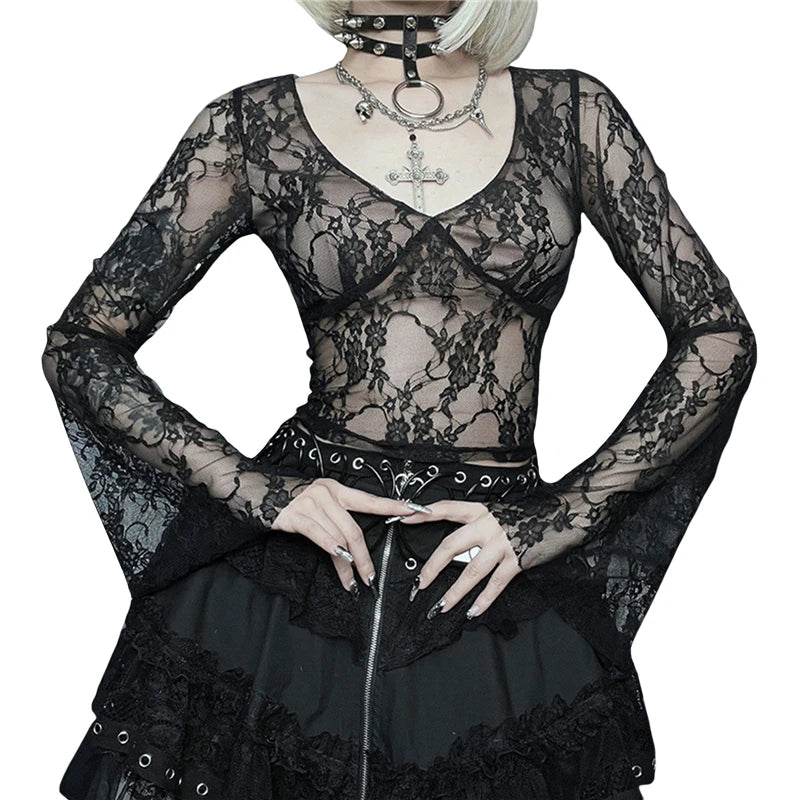 Camisetas Cyber Y2K para mujer, estética, transparente, con encaje floral, acampanadas, de manga larga, estilo gótico grunge de los años 2000, ropa urbana