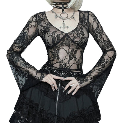 Camisetas Cyber Y2K para mujer, estética, transparente, con encaje floral, acampanadas, de manga larga, estilo gótico grunge de los años 2000, ropa urbana